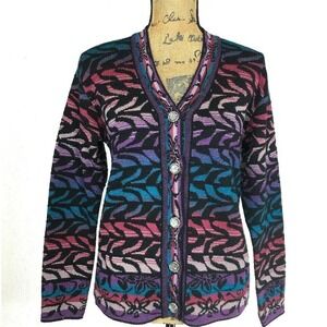 NWT Cardigan Sweater Jacket Med RADHA Tibet Peace Multi Color Stripe Unique Cozy